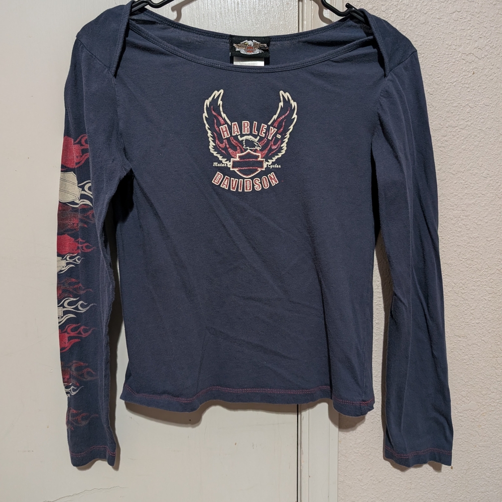 Harley-Davidson Blue Pink Graphic Fitted Blouse
